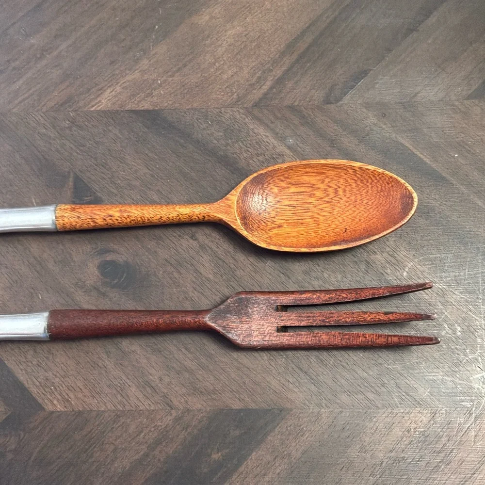 Sterling Silver and Teakwood Serving Spoon and Fork Set - Made in Italy